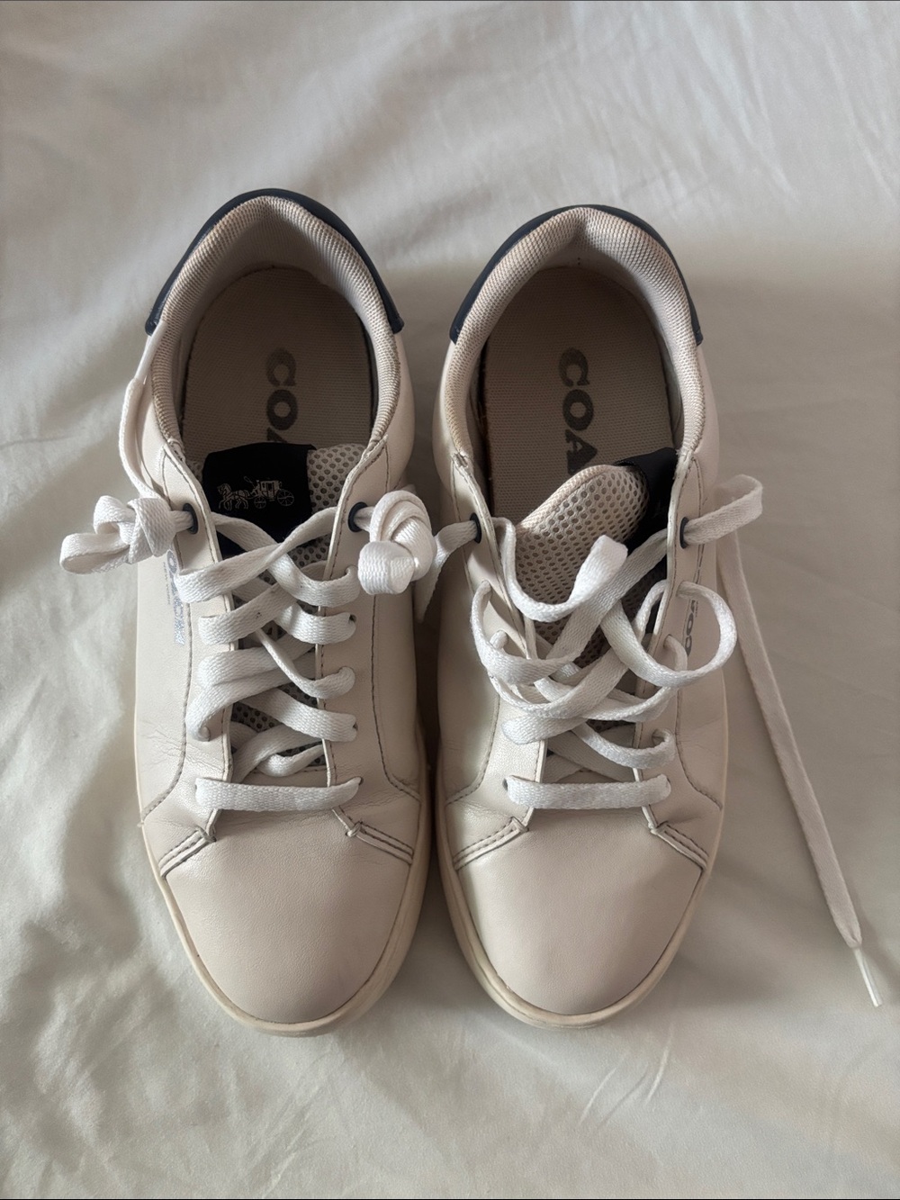 Coach Cream Leather Low-Top Sneakers with Navy Heel Tab